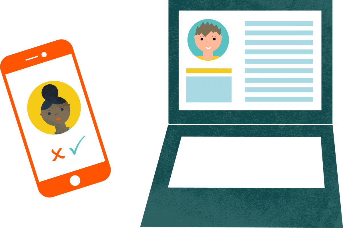 Illustratie van een smartphone en een laptop. De smartphone toont een cartoonprofielfoto van een persoon met een ‘X’ en een vinkje eronder, wat doet denken aan matchmaking-apps. Op het laptopscherm staat nog een cartoonprofielfoto met wat tekst ernaast, wat een online relatiebureau-interface suggereert.