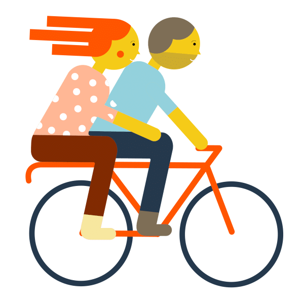 Illustratie van een vrouw met rood haar en een man met baard die samen fietsen, symbool voor een duurzame relatie. De vrouw, gekleed in een roze overhemd met stippen, zit op de rug terwijl de man, in een lichtblauw overhemd, trapt. Beide figuren hebben simplistische, geometrische ontwerpen.