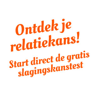 Tekst in oranje letters op een witte achtergrond in een cirkelvorm. De tekst luidt: "Ontdek je relatiekans! Start direct de gratis slagingskanstest", wat betekent "Ontdek je relatiekansen! Start nu de gratis slagingskanstest", aangeboden door ons premier relatiebureau.