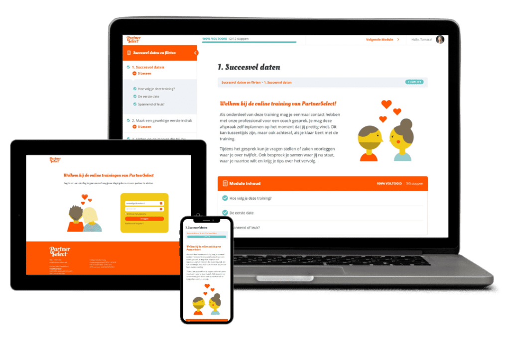 Een laptop, tablet en smartphone met een websitepagina met de titel 'Succesvol daten'. De schermen tonen tekst en illustraties van een persoon met harten en een stel dat elkaars hand vasthoudt. Het ontwerp van de site van dit relatiebureau is voorzien van oranje en witte kleuren die de inhoud effectief benadrukken.