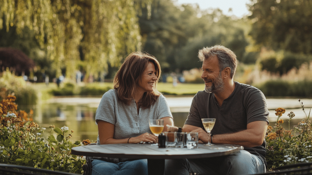 Een man en een vrouw zitten aan een tafeltje buiten bij een vijver.