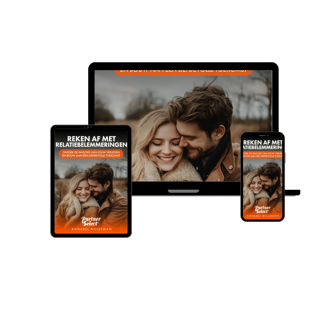 Afbeelding van de cover van een e-book getiteld "Reken Af Met Relatiebelemmeringen" met een koppel dat elkaar omhelst en lacht. Het e-book, ideaal voor wie geïnteresseerd is in een cursus daten en flirten, wordt weergegeven op een tablet, telefoon en computerscherm. De Nederlandse tekst bovenaan luidt "ONTVANG HET E-BOOK.