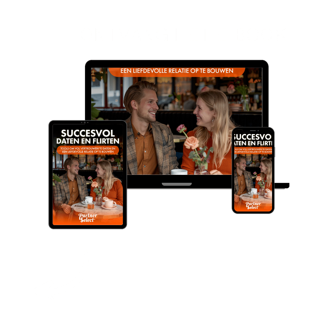 Afbeelding van een digitaal display met een coverafbeelding van een lachend stel in een cafésetting. De covertekst luidt "Succesvol Daten en Flirten." Apparaten in de buurt, tablet en smartphone, tonen dezelfde afbeelding. Nederlandse tekst erboven: "Ontvang het e-book," als onderdeel van de cursus daten en flirten.