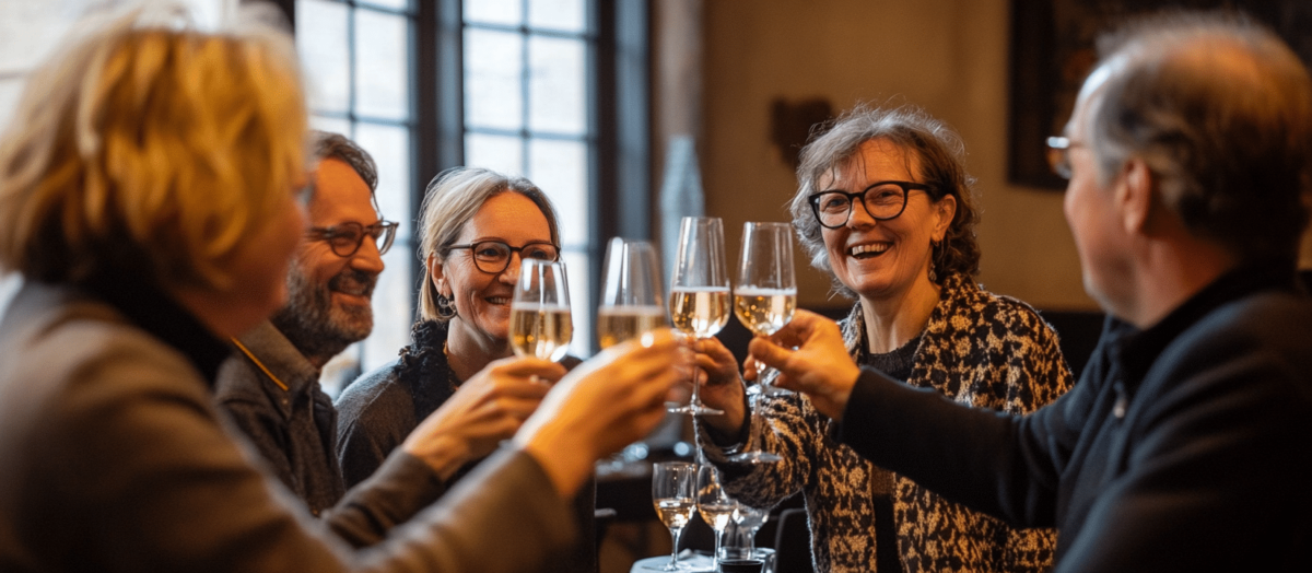 Een groep mensen die binnen lachend en proostend met champagneglazen een gezellige Nieuwjaarsborrel vieren. Ze zitten rond een tafel met licht dat door de grote ramen achter hen naar binnen stroomt, wat een warme en gezellige sfeer creëert terwijl ze 2025 verwelkomen.