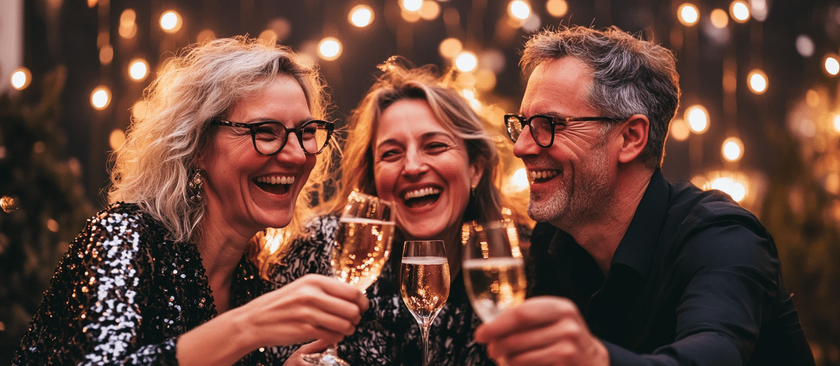 Drie mensen, in de leeftijd van 29-55 jaar, lachen en toosten met champagneglazen op een feestelijke Nieuwjaarsborrel. Gekleed in formele kleding, worden ze omringd door de gloed van warme, decoratieve lichtjes.