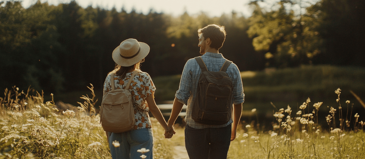 stel wandelend door de natuur