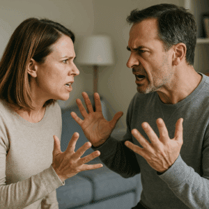 Een vrouw en een man ruziën heftig in een woonkamer, tegenover elkaar met boze uitdrukkingen en opgeheven handen, wat de spanning weerspiegelt die vaak voorkomt in een relatie met een narcist.