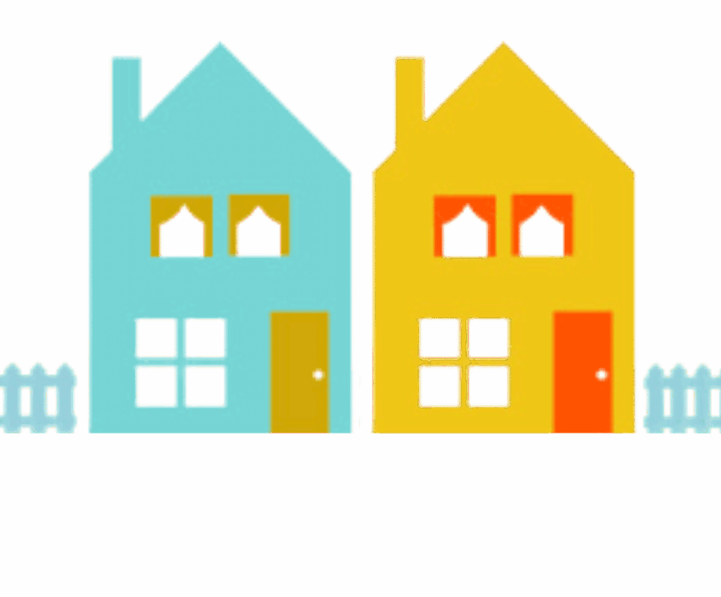 Twee eenvoudige, gestileerde huizen staan naast elkaar. Het ene is blauw met een gele deur, het andere geel met een rode deur. Beide hebben ramen met gordijnen, een klein hek aan weerszijden en klassieke LAT-architectonische accenten.