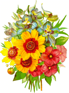 Date ideeën Rotterdam: originele inspiratie voor elk seizoen 3 Een kleurrijke boeketillustratie met gele zonnebloemen, rode en roze hibiscusachtige bloemen en groene bladeren - een artistiek stuk dat perfect is om creatieve date-ideeën op te doen in de stijl van Rotterdam.