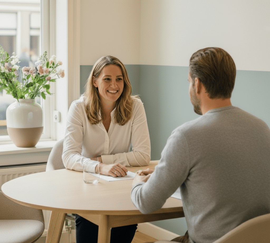 Een vrouw en een man zitten tegenover elkaar aan een ronde tafel en voeren een vriendschappelijk gesprek. De vrouw glimlacht, misschien geniet ze van een succesvolle match via PartnerSelect. Vlakbij staat een vaas met bloemen op de vensterbank.