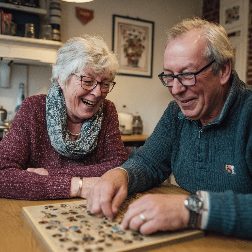 Een oudere vrouw en man zitten aan een tafel en lachen samen terwijl ze werken aan een verzameling kleurrijke knopen. Ze laten zien hoe vreugde kan opbloeien, zelfs als je je onzeker voelt in een relatie, in een gezellige, warm verlichte kamer.
