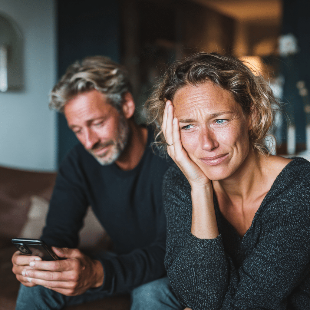 Een vrouw kijkt bedroefd en laat haar hoofd op haar hand rusten, terwijl een man naast haar bezorgd zijn telefoon controleert. Ze zitten samen op een bank in een schemerig verlichte kamer en weerspiegelen een onzekere relatie en emotionele afstand.