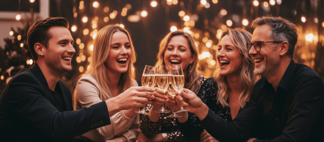 Vijf mensen, drie vrouwen en twee mannen, glimlachen en klinken champagne op een avondfeest in Nieuwjaarsborrel, met warme lichtjes op de achtergrond.
