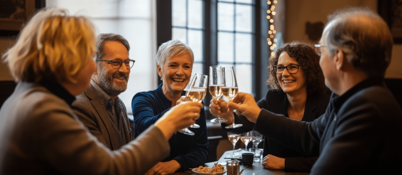 Vijf volwassenen zitten rond een tafel in een gezellige, warm verlichte kamer, glimlachen en klinken met glazen witte wijn in een feestelijke nieuwjaarsborrel.