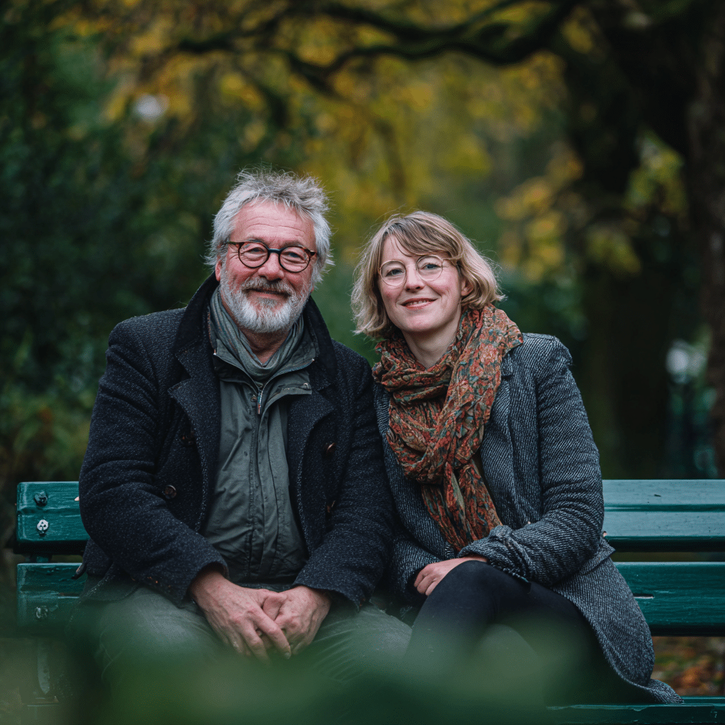 Een oudere man en een jongere vrouw in een leeftijdsverschil zitten dicht tegen elkaar aan op een groen bankje in het park, lachend naar de camera. Beiden dragen jassen en sjaals, met vage herfstbomen en groen op de achtergrond. Een oudere man en een jongere vrouw in een leeftijdsverschil zitten dicht tegen elkaar aan op een groen bankje in het park, lachend naar de camera. Beiden dragen jassen en sjaals, met vage herfstbomen en groen op de achtergrond.
