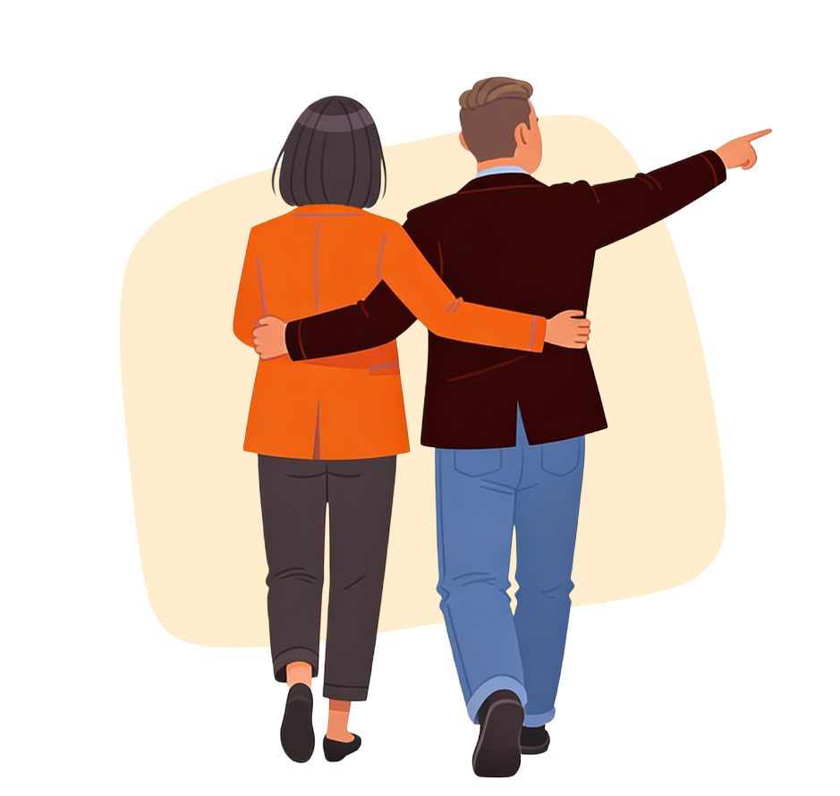 Verbazingwekkende liefdesfeiten 1 Een man en een vrouw lopen naast elkaar met hun armen om elkaar heen. De man wijst naar voren terwijl ze van elkaar wegkijken. Beiden dragen een jas; die van de vrouw is oranje en die van de man is zwart. Ze lijken vriendelijk tegen elkaar aan te lopen.