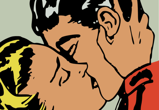 Een illustratie in pop-artstijl toont een close-up van een kussend stel. De man, met donker haar, en de vrouw met blond haar, hebben hun ogen gesloten en lijken elkaar hartstochtelijk te omhelzen tegen een lichtgroene achtergrond. Deze levendige scène zou gemakkelijk het promotiemateriaal voor elke matchmaking-service kunnen sieren.