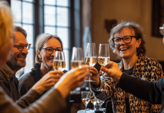 Een groep mensen die binnen lachend en proostend met champagneglazen een gezellige Nieuwjaarsborrel vieren. Ze zitten rond een tafel met licht dat door de grote ramen achter hen naar binnen stroomt, wat een warme en gezellige sfeer creëert terwijl ze 2025 verwelkomen.