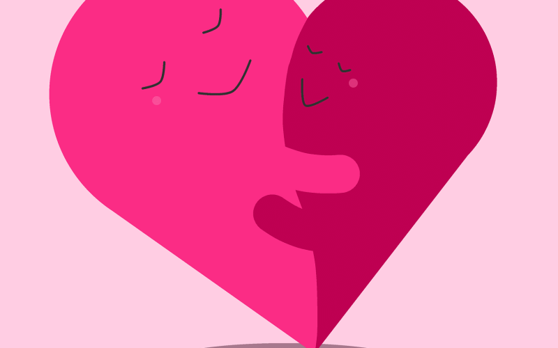 Twee abstracte hartvormen, een roze en een rode, omhelzen elkaar met vredige uitdrukkingen op een effen roze achtergrond. Het roze hart heeft armen om het rode hart gewikkeld en symboliseert liefde en genegenheid, net zoals de verbindingen die een relatiebureau onderhoudt.