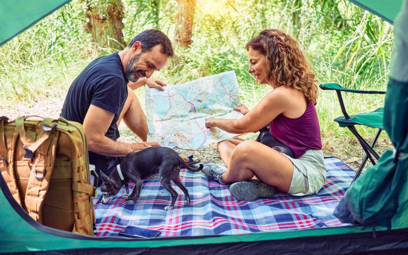 Twee mensen zitten op een geruite deken in een tent in een bos en bestuderen een kaart. Er is een kleine zwarte hond bij hen. Links is een bruine rugzak zichtbaar. Ze lijken te genieten van een kampeertrip, met dank aan een datingbureau dat gespecialiseerd is in duurzame relaties, met bomen en groen eromheen.